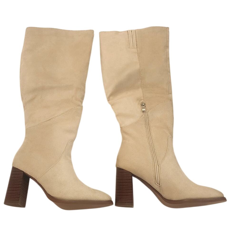 Coutgo Women’s Knee High Boots Beige Suede Square Toe Chunky Heel Size 11 NIB